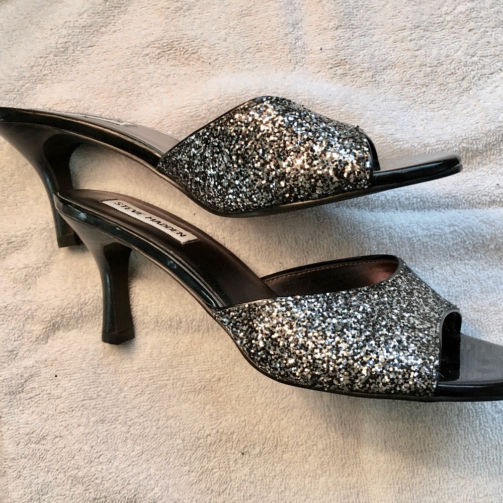 Steve Madden Black and Silver Glitter Heels